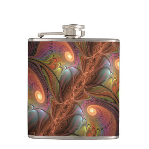 Colourful Fluorescent Abstract Trippy Brown Fracta Hip Flask