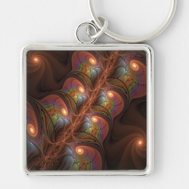 Colourful Fluorescent Abstract Trippy Brown Fracta Key Ring (Front)