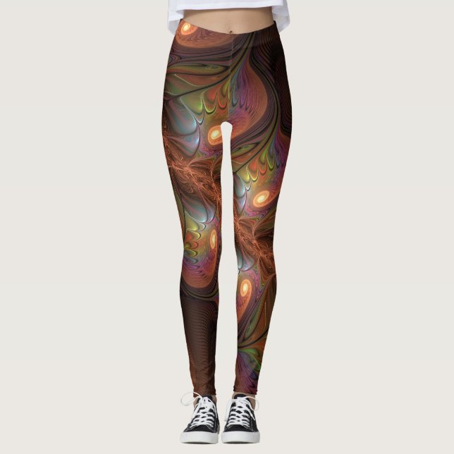 Colourful Fluorescent Abstract Trippy Brown Fracta Leggings (Front)