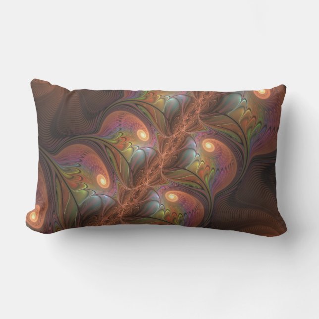 Colourful Fluorescent Abstract Trippy Brown Fracta Lumbar Cushion (Front)