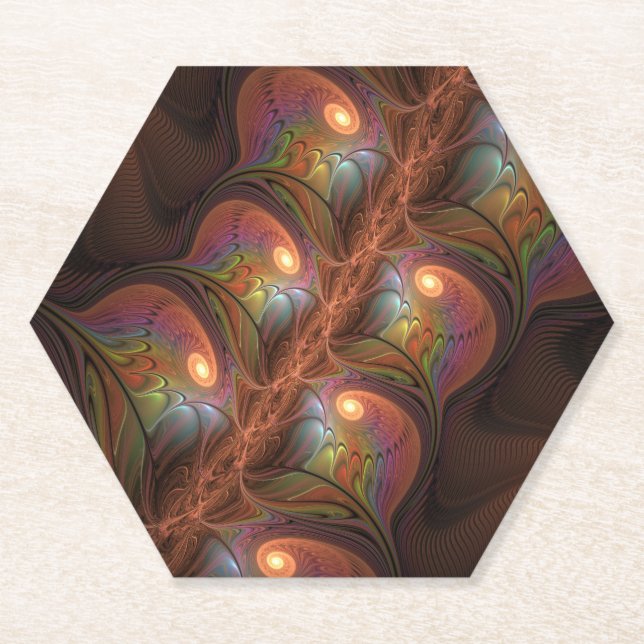 Colourful Fluorescent Abstract Trippy Brown Fracta Paper Coaster (Front)
