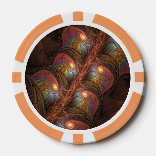Colourful Fluorescent Abstract Trippy Brown Fracta Poker Chips (Front)