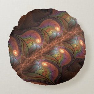Colourful Fluorescent Abstract Trippy Brown Fracta Round Cushion
