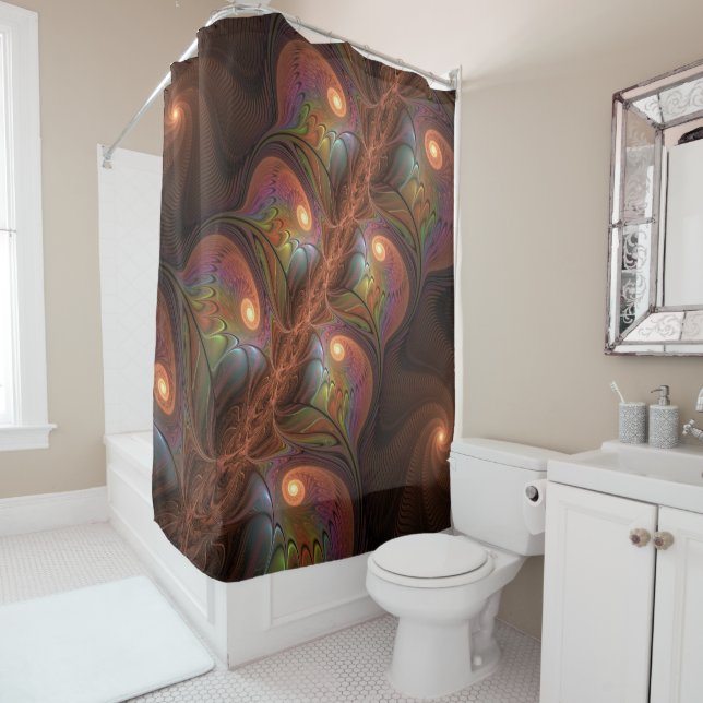 Colourful Fluorescent Abstract Trippy Brown Fracta Shower Curtain (In Situ)