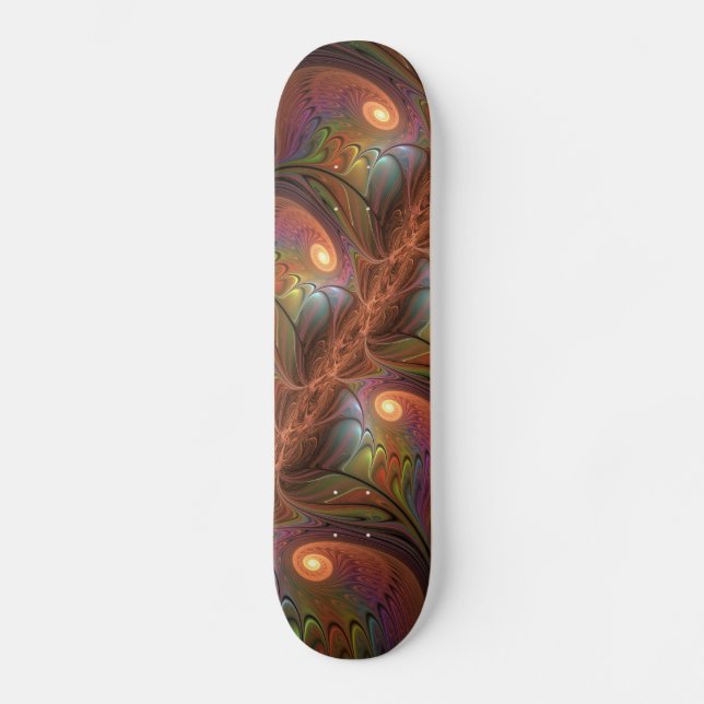 Colourful Fluorescent Abstract Trippy Brown Fracta Skateboard (Front)