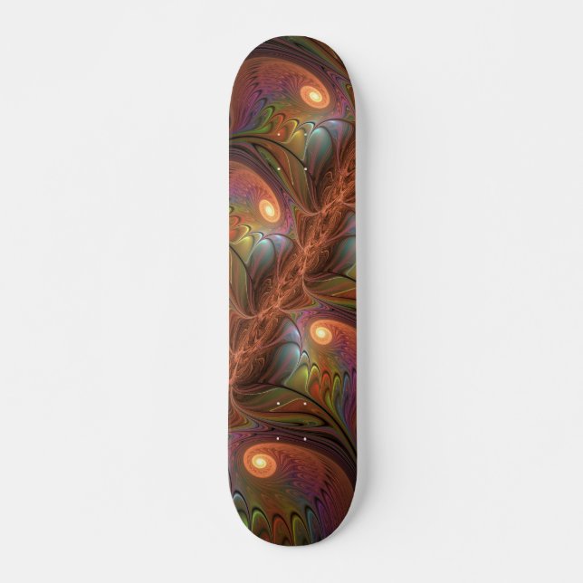 Colourful Fluorescent Abstract Trippy Brown Fracta Skateboard (Front)