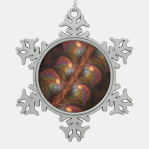 Colourful Fluorescent Abstract Trippy Brown Fracta Snowflake Pewter Christmas Ornament
