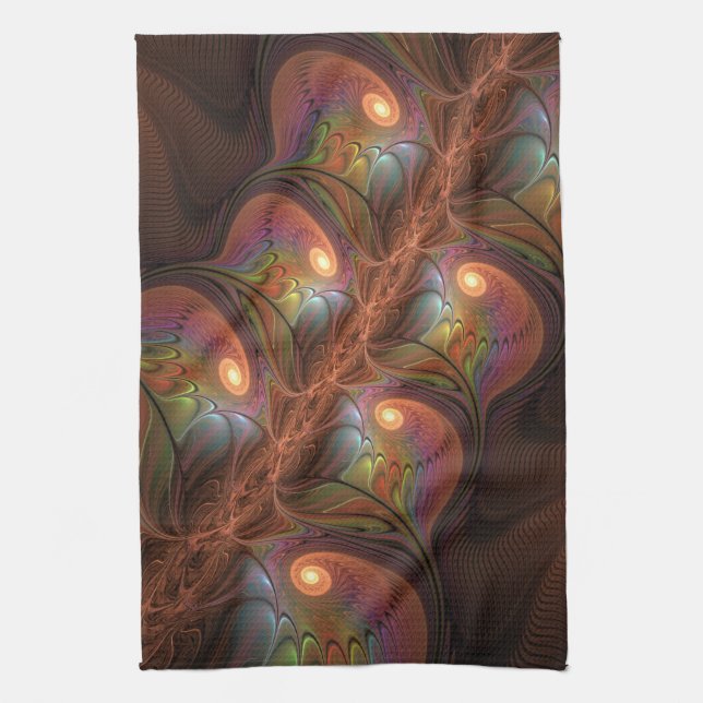 Colourful Fluorescent Abstract Trippy Brown Fracta Tea Towel (Vertical)