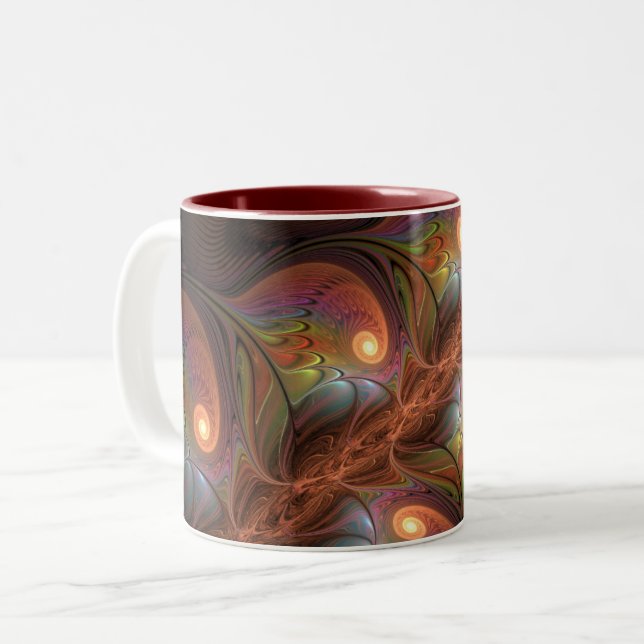 Colourful Fluorescent Abstract Trippy Brown Fracta Two-Tone Coffee Mug (Front Left)