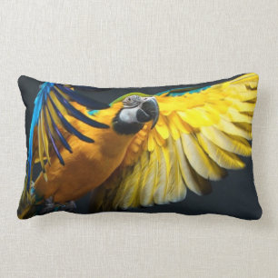 Colourful flying Ara on a dark background Lumbar Cushion