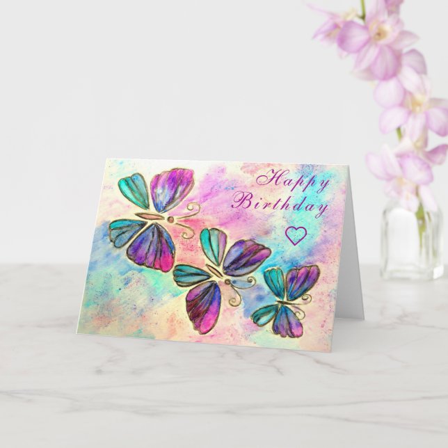 Colourful Flying Butterflies Birthday Card (Orchid)