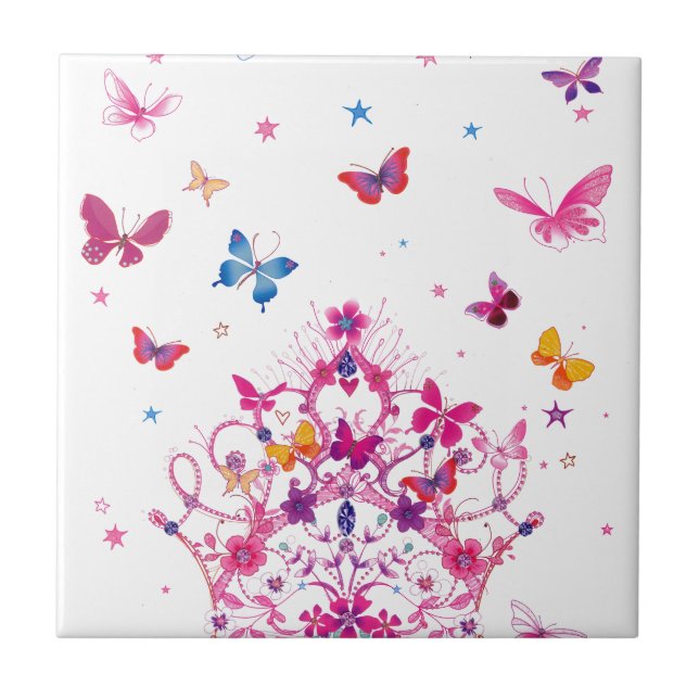 Colourful Flying Butterflies with Crown Art Print Ceramic Tile (Front)