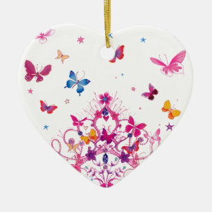Colourful Flying Butterflies with Crown Art Print Ceramic Tree Decoration