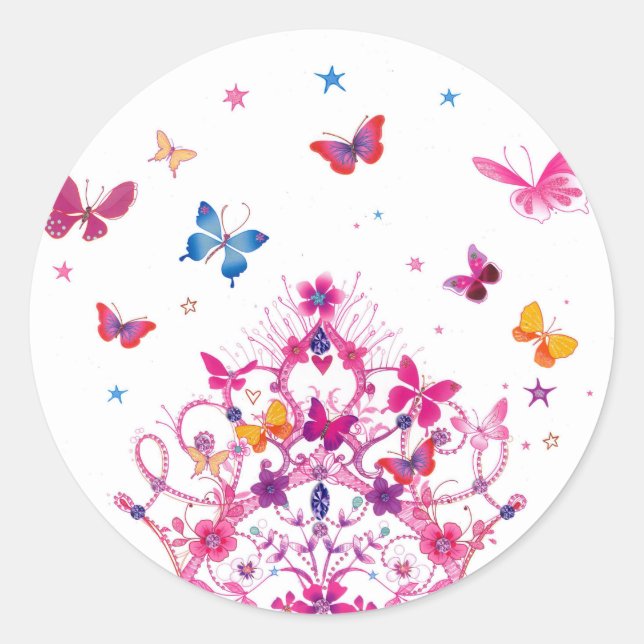 Colourful Flying Butterflies with Crown Art Print Classic Round Sticker (Front)