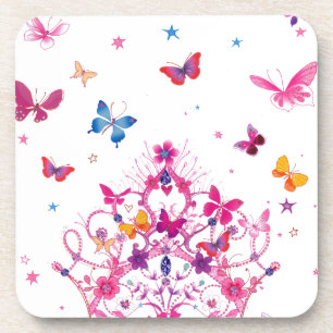 Colourful Flying Butterflies with Crown Art Print Coaster