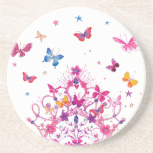 Colourful Flying Butterflies with Crown Art Print Coaster