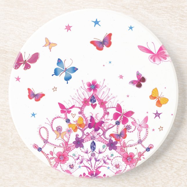 Colourful Flying Butterflies with Crown Art Print Coaster (Front)