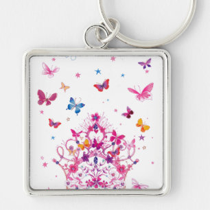 Colourful Flying Butterflies with Crown Art Print Key Ring
