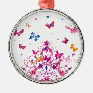 Colourful Flying Butterflies with Crown Art Print Metal Tree Decoration