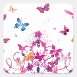 Colourful Flying Butterflies with Crown Art Print Square Sticker
