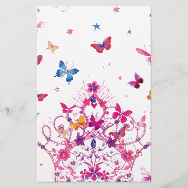 Colourful Flying Butterflies with Crown Art Print/ Stationery (Front)