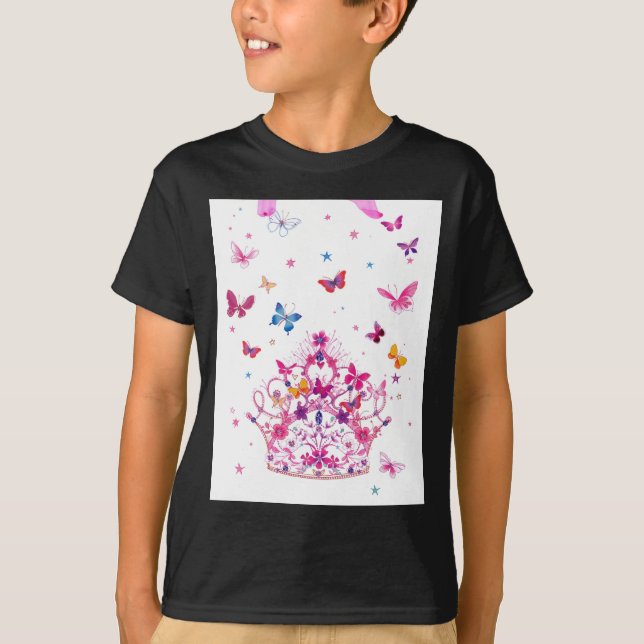 Colourful Flying Butterflies with Crown Art Print T-Shirt (Front)