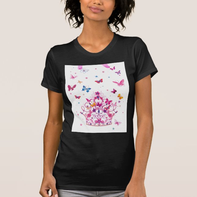 Colourful Flying Butterflies with Crown Art Print T-Shirt (Front)