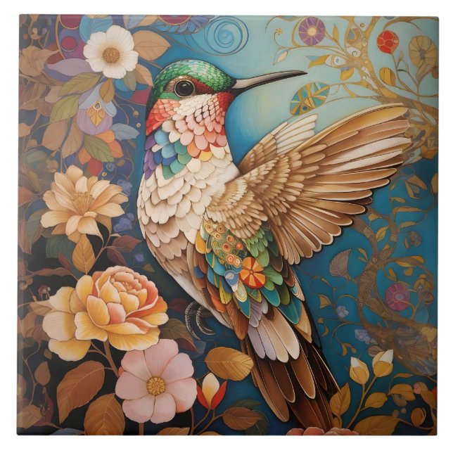 Colourful Flying Patterned Hummingbird Ceramic Tile (Front)