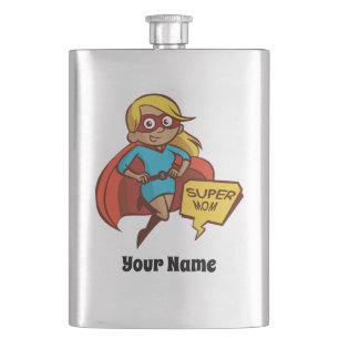 Colourful Flying Super Mum w/ Your Name Hip Flask