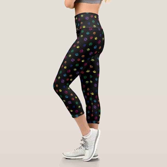 Colourful Foil Paw Prints Pattern on Black Capri Leggings (Left)