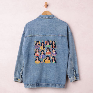Colourful Folk Art Aesthetic Women Portraits Denim Jacket