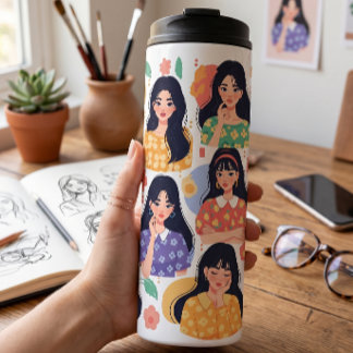 Colourful Folk Art Aesthetic Women Portraits  Thermal Tumbler