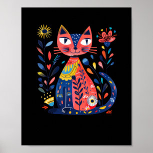 Colourful Folk Art Cat Illustration With Floral El Poster