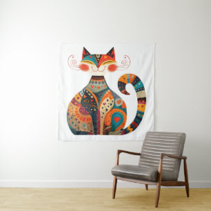 Colourful Folk Art Cat Tapestry