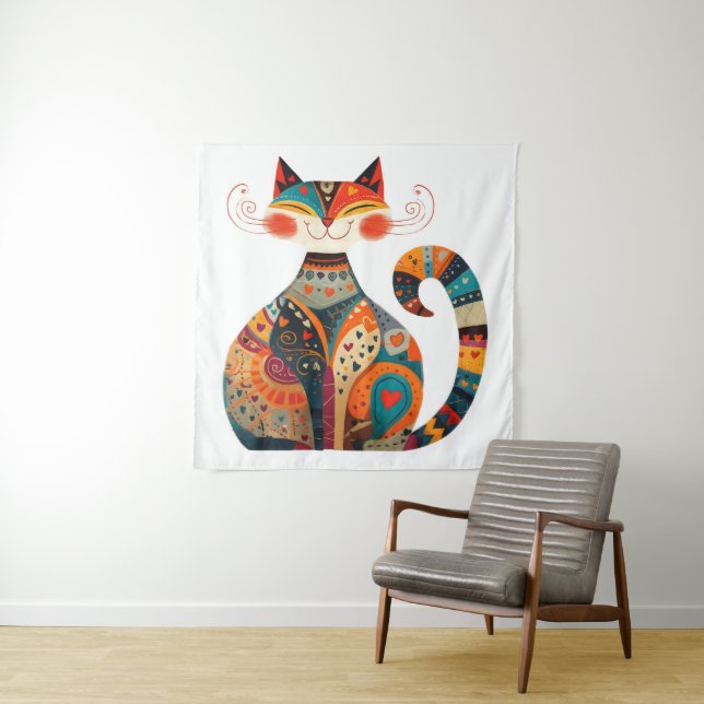 Colourful Folk Art Cat Tapestry (In Situ)