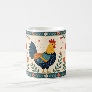 Colourful Folk Art Chicken and Flower Border Coffee Mug