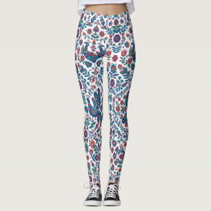 Colourful Folk Art Floral Bird Pattern Leggings
