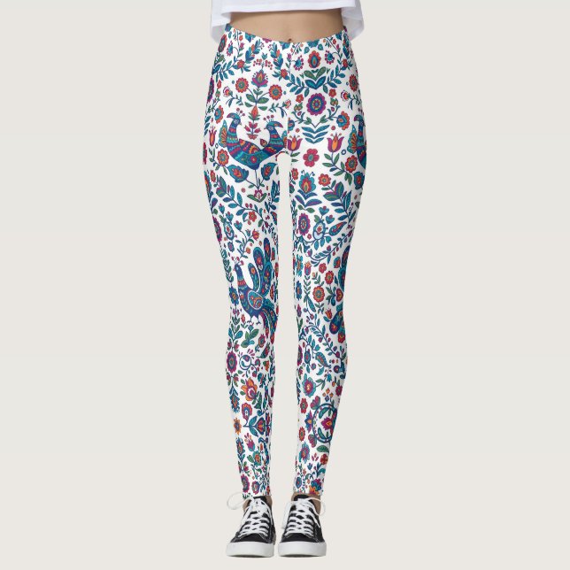 Colourful Folk Art Floral Bird Pattern Leggings (Front)
