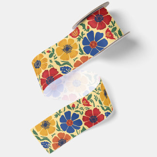 Colourful Folk Art Floral Pattern Satin Ribbon