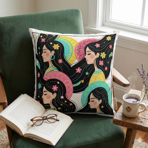 Colourful Folk Art Floral Portraits - Modern Boho  Cushion