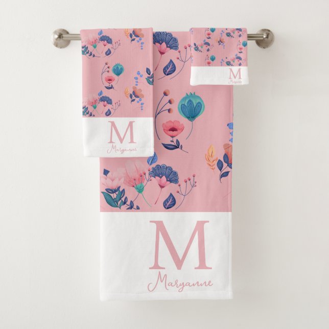 Colourful Folk Art Flowers Pink Monogram Initial Bath Towel Set (Insitu)