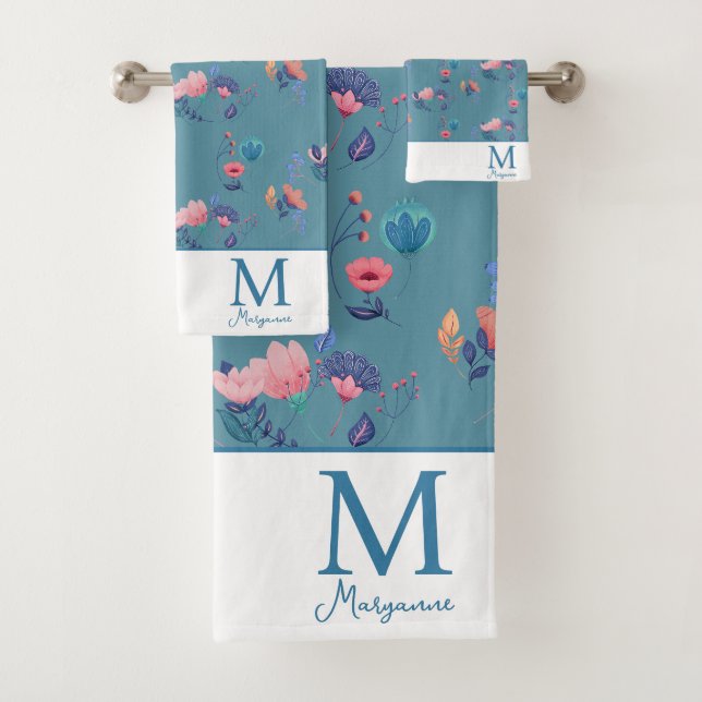Colourful Folk Art Flowers Teal Monogram Initial Bath Towel Set (Insitu)