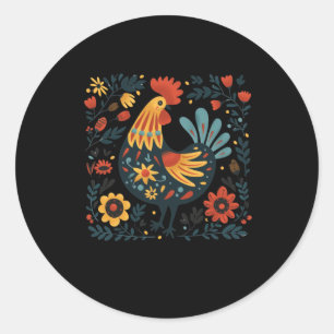 Colourful Folk Art Rooster Illustration With Flora Classic Round Sticker
