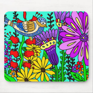 Colourful Folk Art Style Bird and Flowers Mouse Pad
