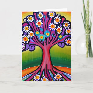 Colourful Folk Art Style Whimsical Tree   Birthday Card