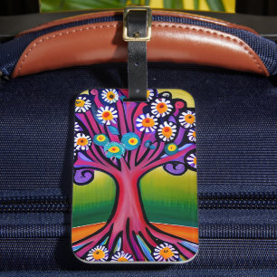 Colourful Folk Art Style Whimsical Tree Luggage Tag