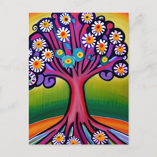 Colourful Folk Art Style Whimsical Tree   Postcard (Front)