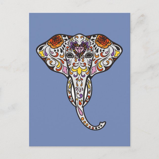 Colourful Folk Art Sugar Skull Magical Elephant Postcard (Front)
