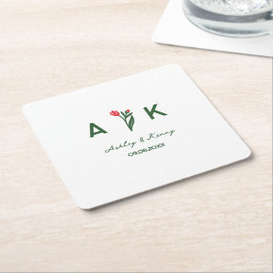 Colourful Folk Art Wildflower Monogram Wedding Square Paper Coaster