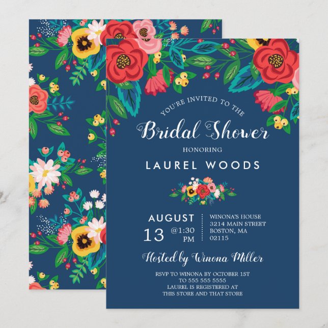 Colourful Folk Bouquets - Boho Blue Bridal Shower Invitation (Front/Back)